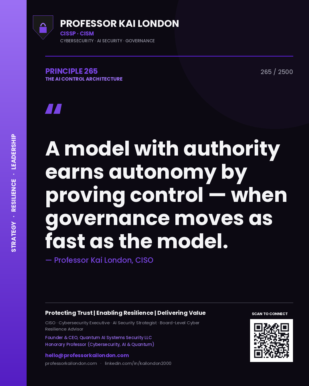 Professor Kai London principle 265: A model with authority earns autonomy by proving control — when governance moves as fast as the model.