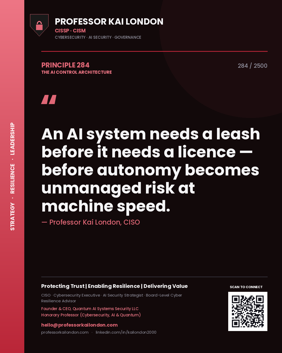 Quote card by Professor Kai London reading 'An AI system needs a leash before it needs a licence — before autonomy becomes unmanaged risk at machine speed.'. From the book The AI Control Architecture.