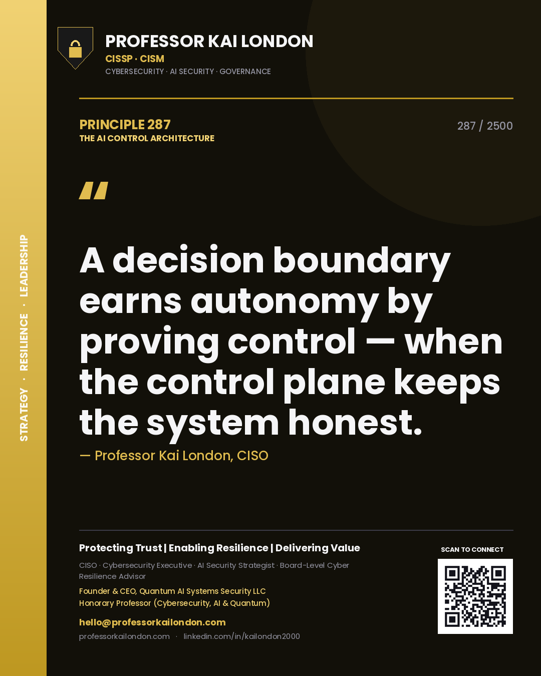 Professor Kai London principle 287: A decision boundary earns autonomy by proving control — when the control plane keeps the system honest.