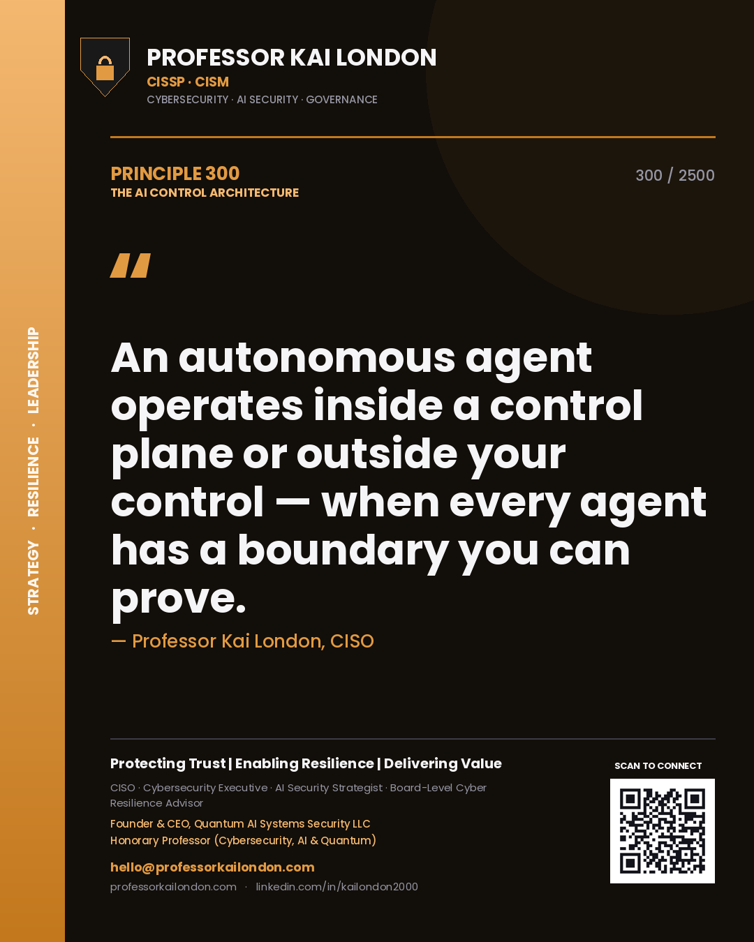 Quote card by Professor Kai London reading 'An autonomous agent operates inside a control plane or outside your control — when every agent has a boundary you can prove.'. From the book The AI Control Architecture.