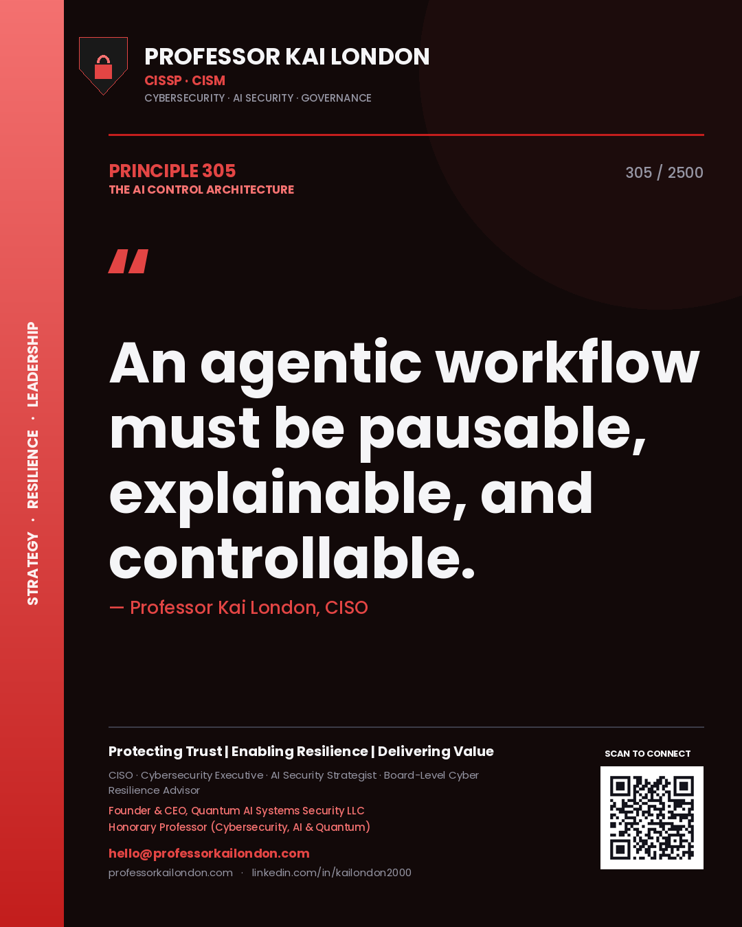 Quote card by Professor Kai London reading 'An agentic workflow must be pausable, explainable, and controllable.'. From the book The AI Control Architecture.
