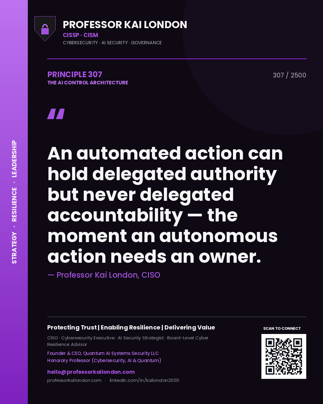 Professor Kai London principle 307: An automated action can hold delegated authority but never delegated accountability — the moment an autonomous action needs an owner.