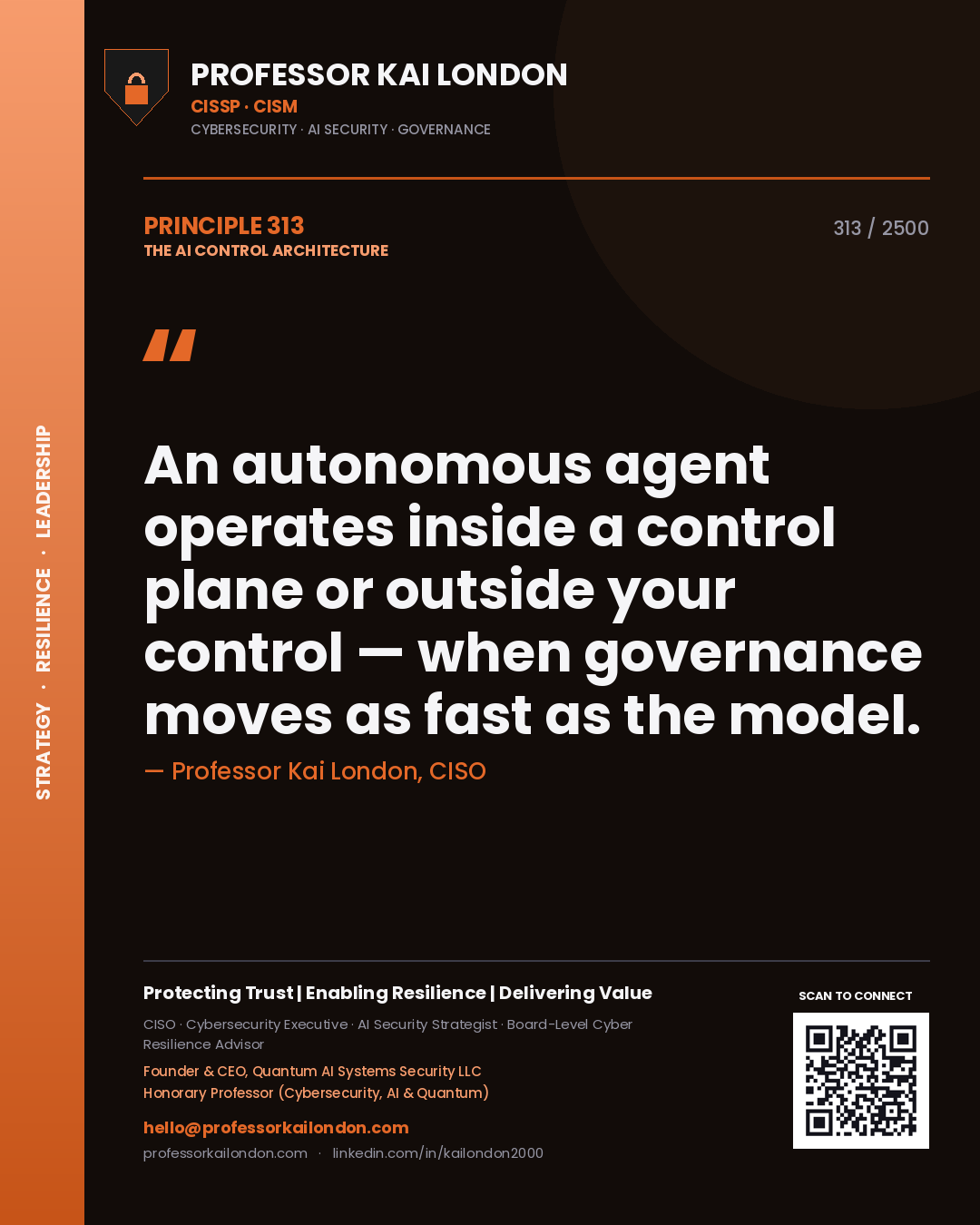 Quote card by Professor Kai London reading 'An autonomous agent operates inside a control plane or outside your control — when governance moves as fast as the model.'. From the book The AI Control Architecture.