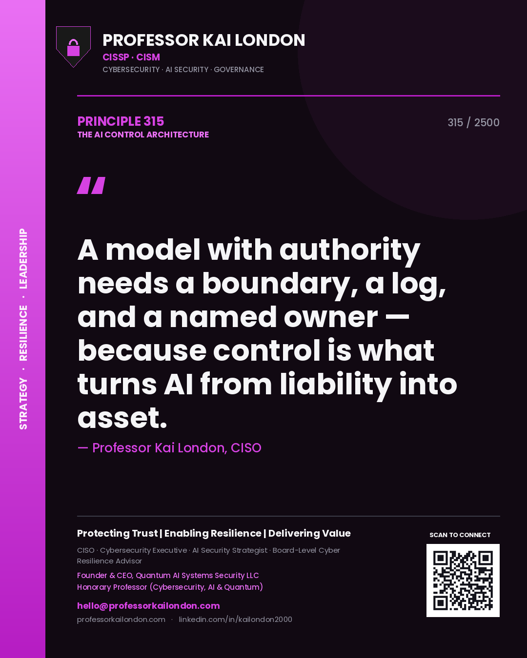Quote card by Professor Kai London reading 'A model with authority needs a boundary, a log, and a named owner — because control is what turns AI from liability into asset.'. From the book The AI Control Architecture.