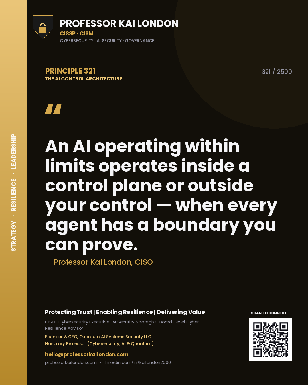 Quote card by Professor Kai London reading 'An AI operating within limits operates inside a control plane or outside your control — when every agent has a boundary you can prove.'. From the book The AI Control Architecture.