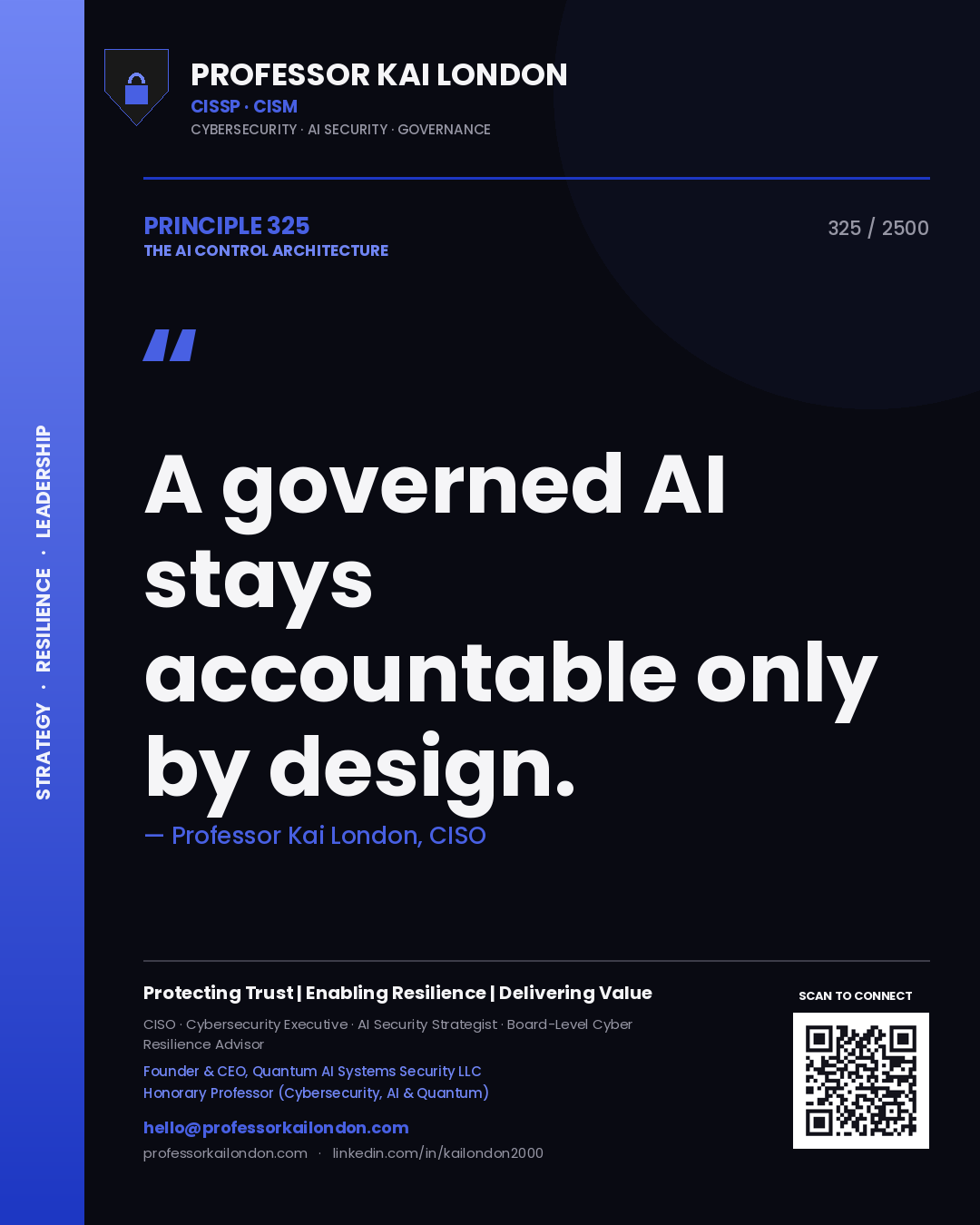 Quote card by Professor Kai London reading 'A governed AI stays accountable only by design.'. From the book The AI Control Architecture.