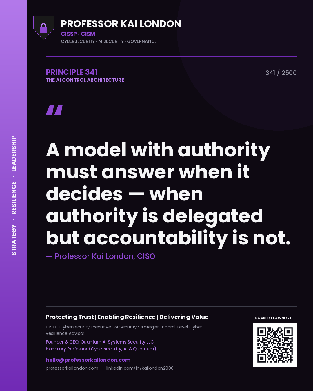 Quote card by Professor Kai London reading 'A model with authority must answer when it decides — when authority is delegated but accountability is not.'. From the book The AI Control Architecture.