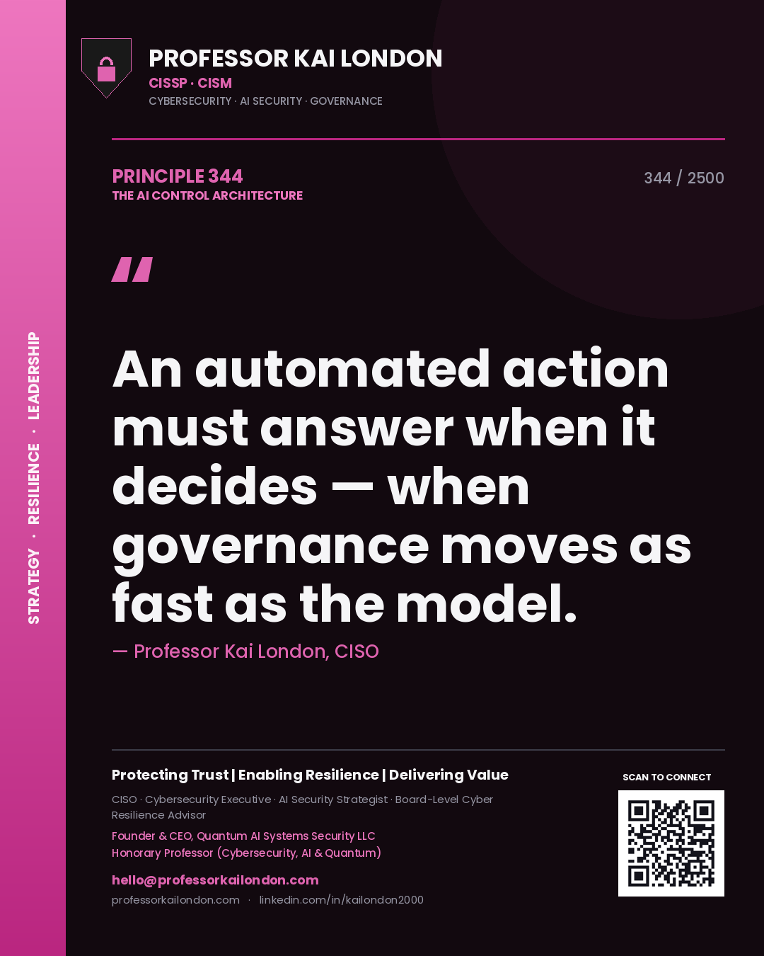 Quote card by Professor Kai London reading 'An automated action must answer when it decides — when governance moves as fast as the model.'. From the book The AI Control Architecture.