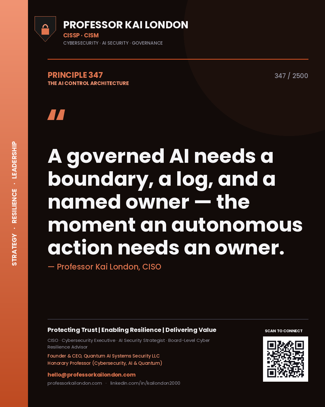Quote card by Professor Kai London reading 'A governed AI needs a boundary, a log, and a named owner — the moment an autonomous action needs an owner.'. From the book The AI Control Architecture.