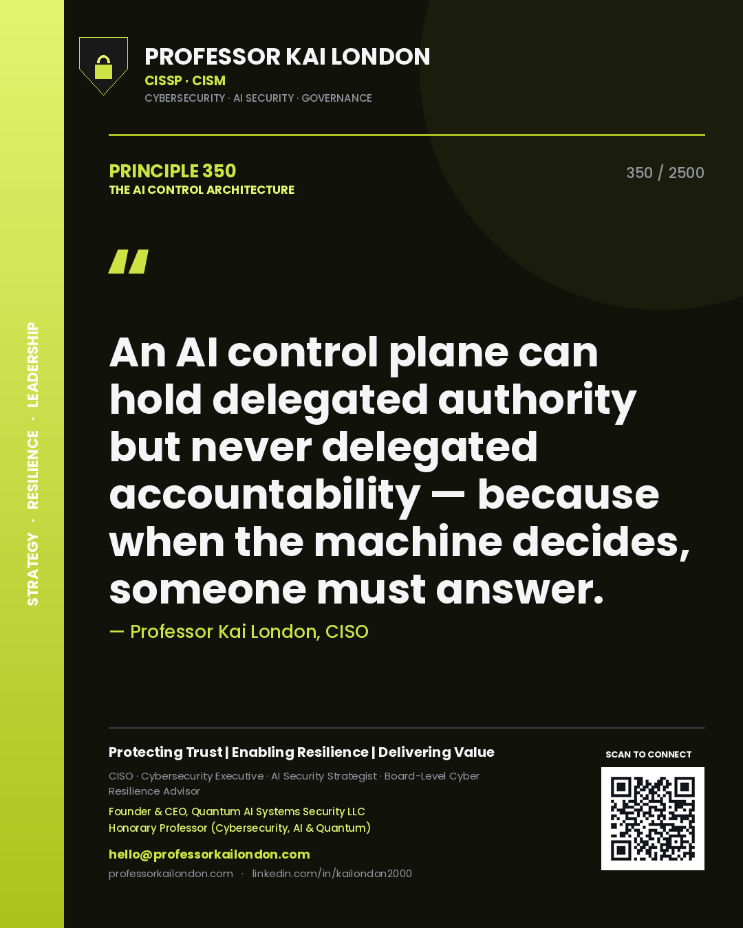 Professor Kai London principle 350: An AI control plane can hold delegated authority but never delegated accountability — because when the machine decides, someone must answer.