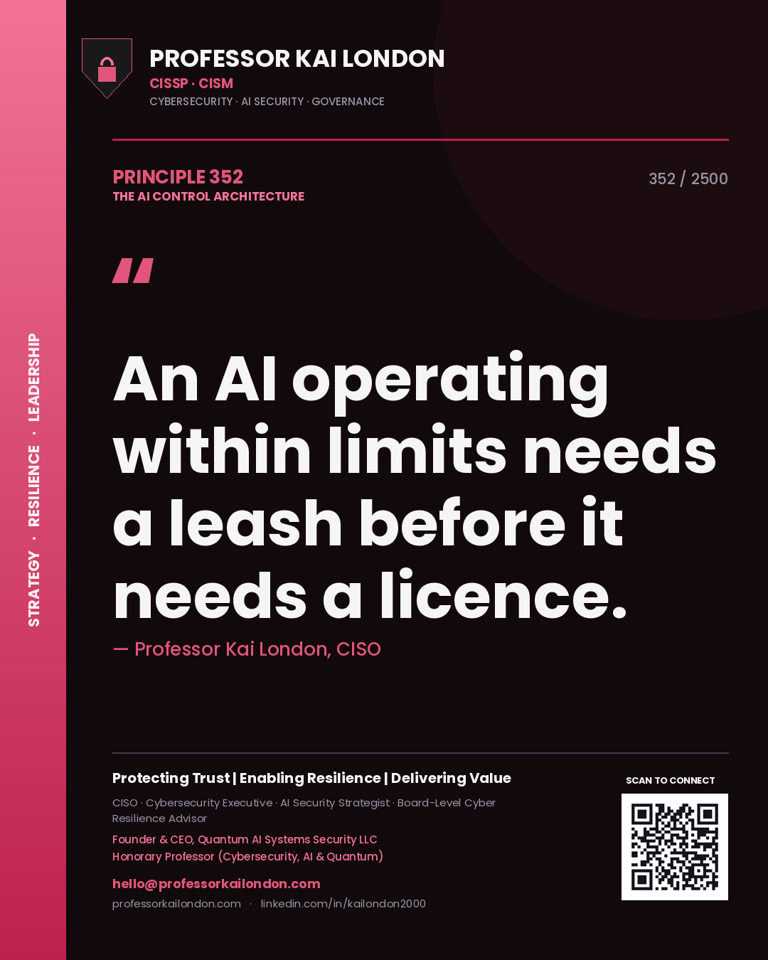 Quote card by Professor Kai London reading 'An AI operating within limits needs a leash before it needs a licence.'. From the book The AI Control Architecture.