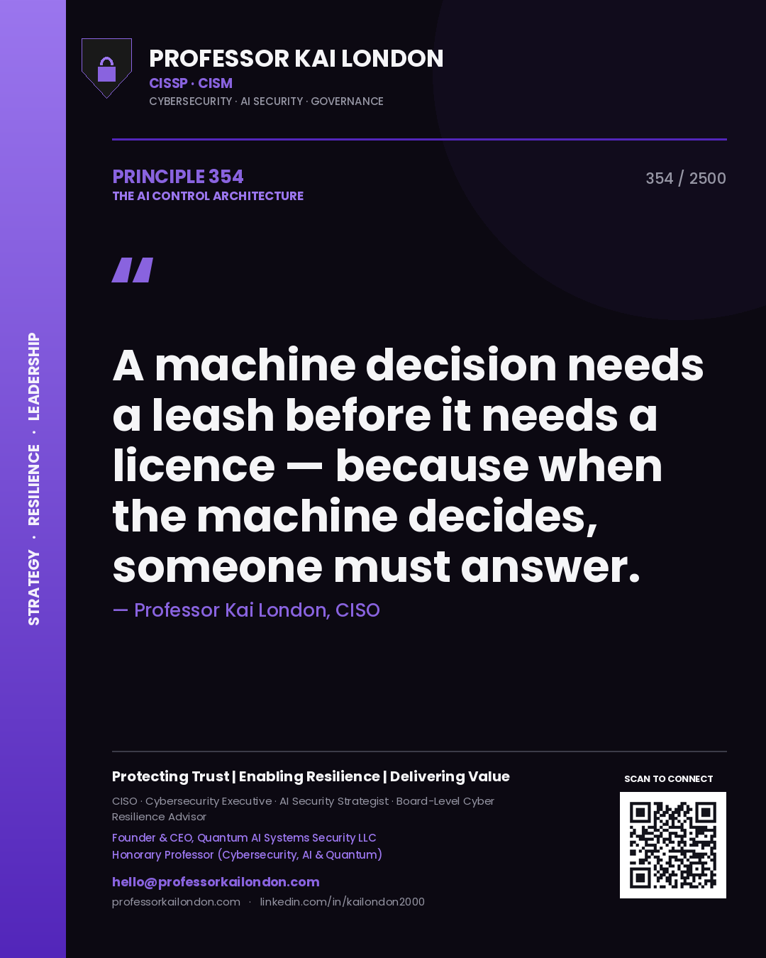 Quote card by Professor Kai London reading 'A machine decision needs a leash before it needs a licence — because when the machine decides, someone must answer.'. From the book The AI Control Architecture.