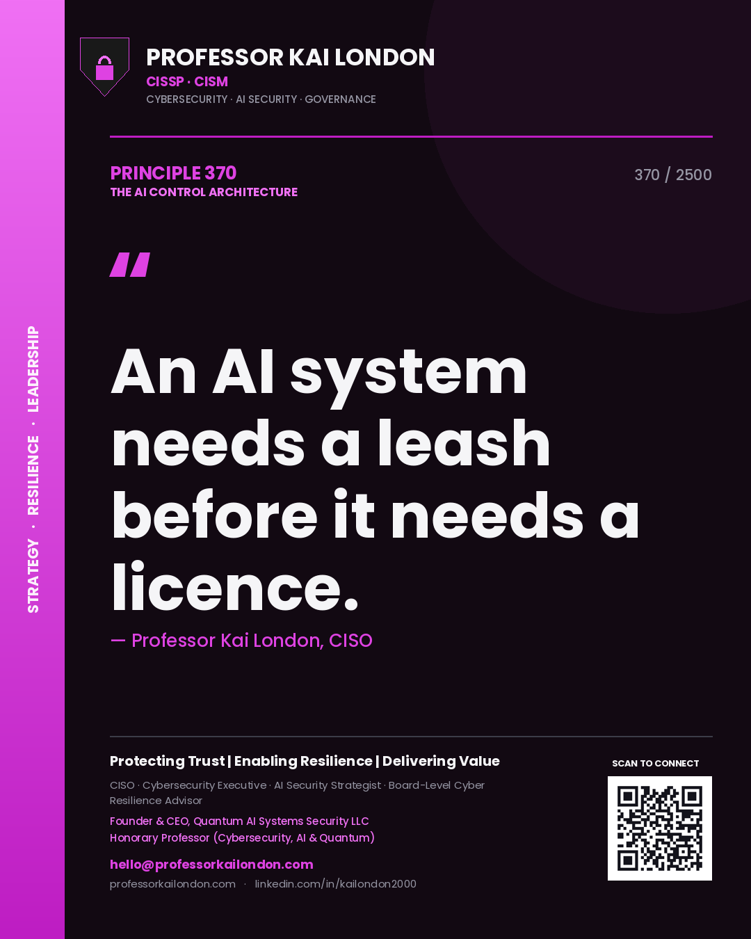 Quote card by Professor Kai London reading 'An AI system needs a leash before it needs a licence.'. From the book The AI Control Architecture.