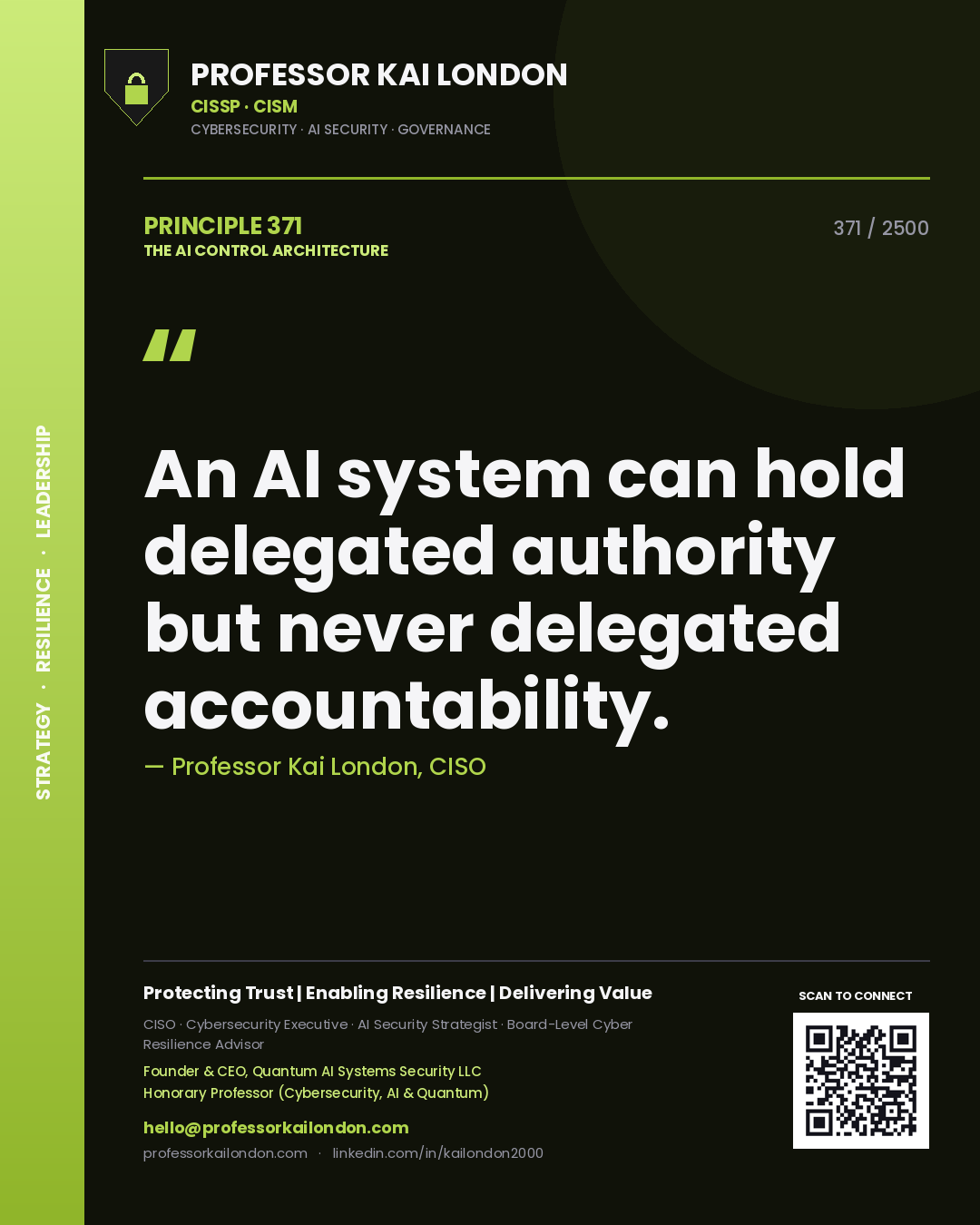 Quote card by Professor Kai London reading 'An AI system can hold delegated authority but never delegated accountability.'. From the book The AI Control Architecture.