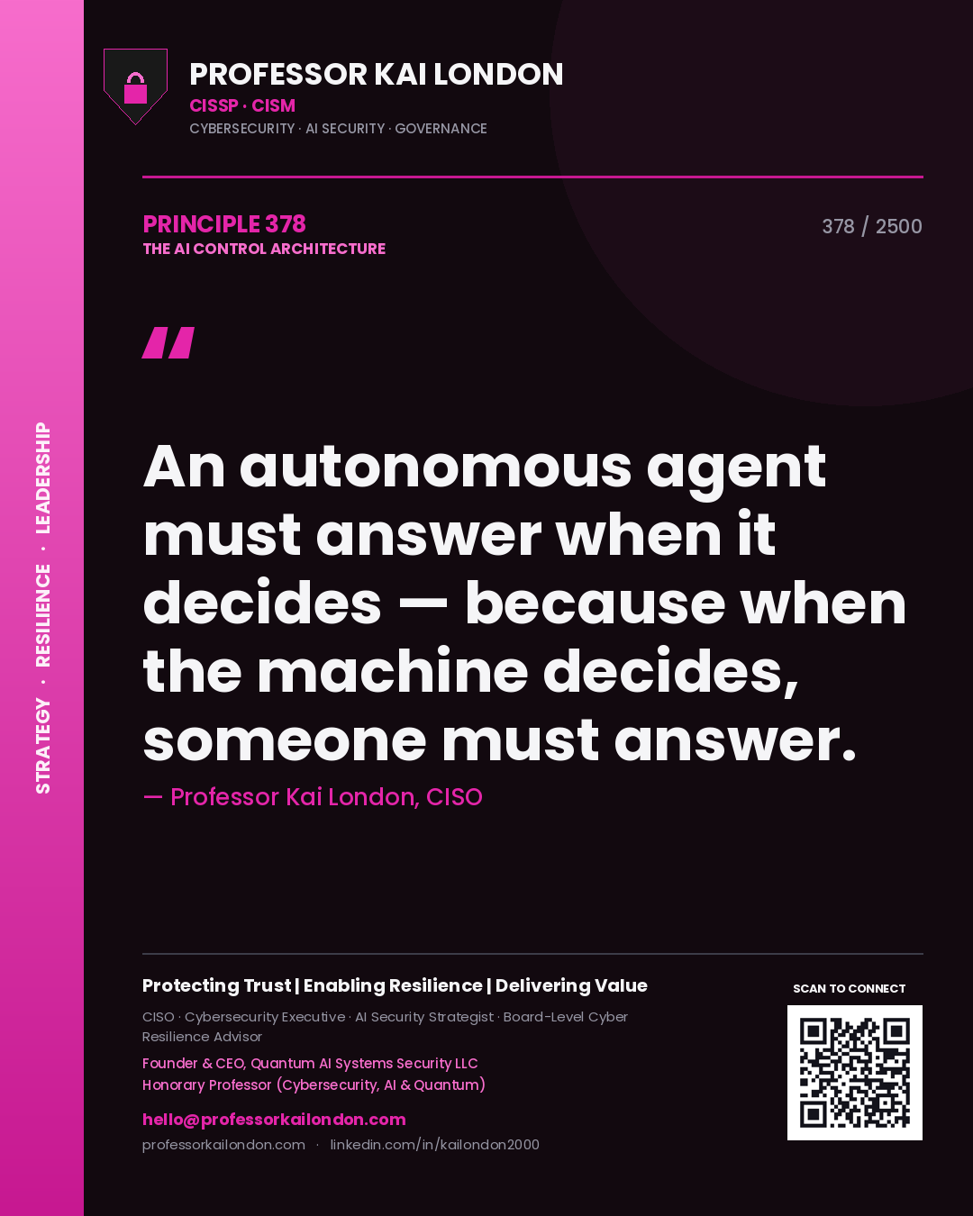 Quote card by Professor Kai London reading 'An autonomous agent must answer when it decides — because when the machine decides, someone must answer.'. From the book The AI Control Architecture.