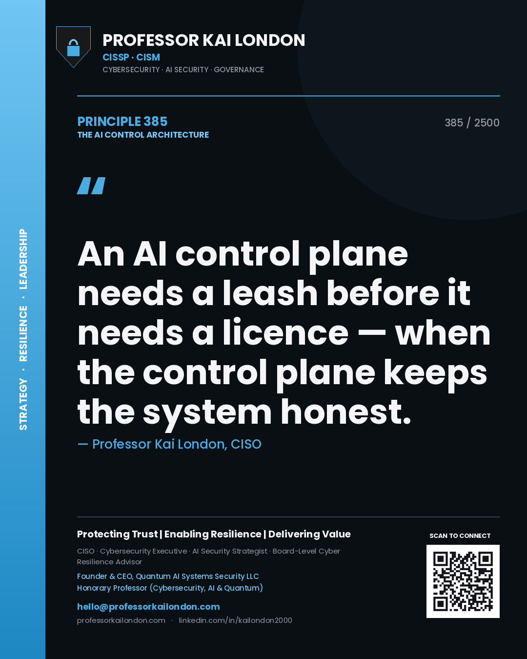 Quote card by Professor Kai London reading 'An AI control plane needs a leash before it needs a licence — when the control plane keeps the system honest.'. From the book The AI Control Architecture.