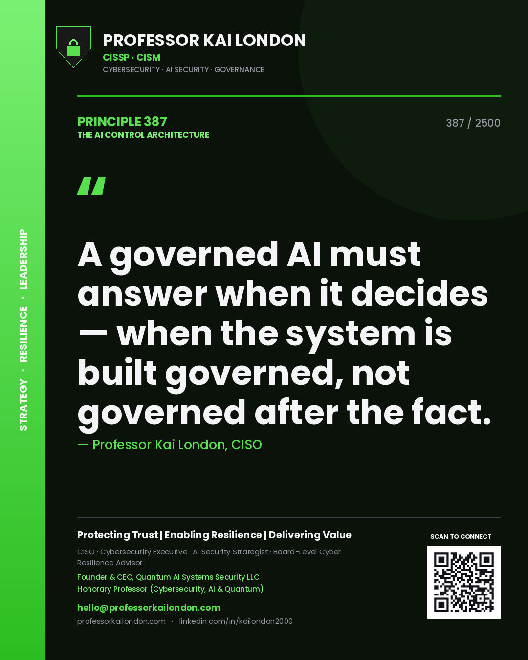 Quote card by Professor Kai London reading 'A governed AI must answer when it decides — when the system is built governed, not governed after the fact.'. From the book The AI Control Architecture.
