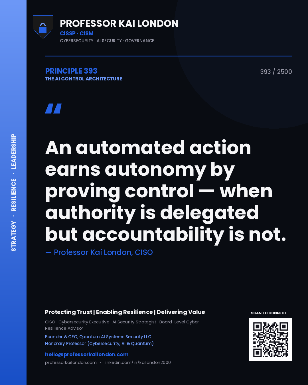 Quote card by Professor Kai London reading 'An automated action earns autonomy by proving control — when authority is delegated but accountability is not.'. From the book The AI Control Architecture.
