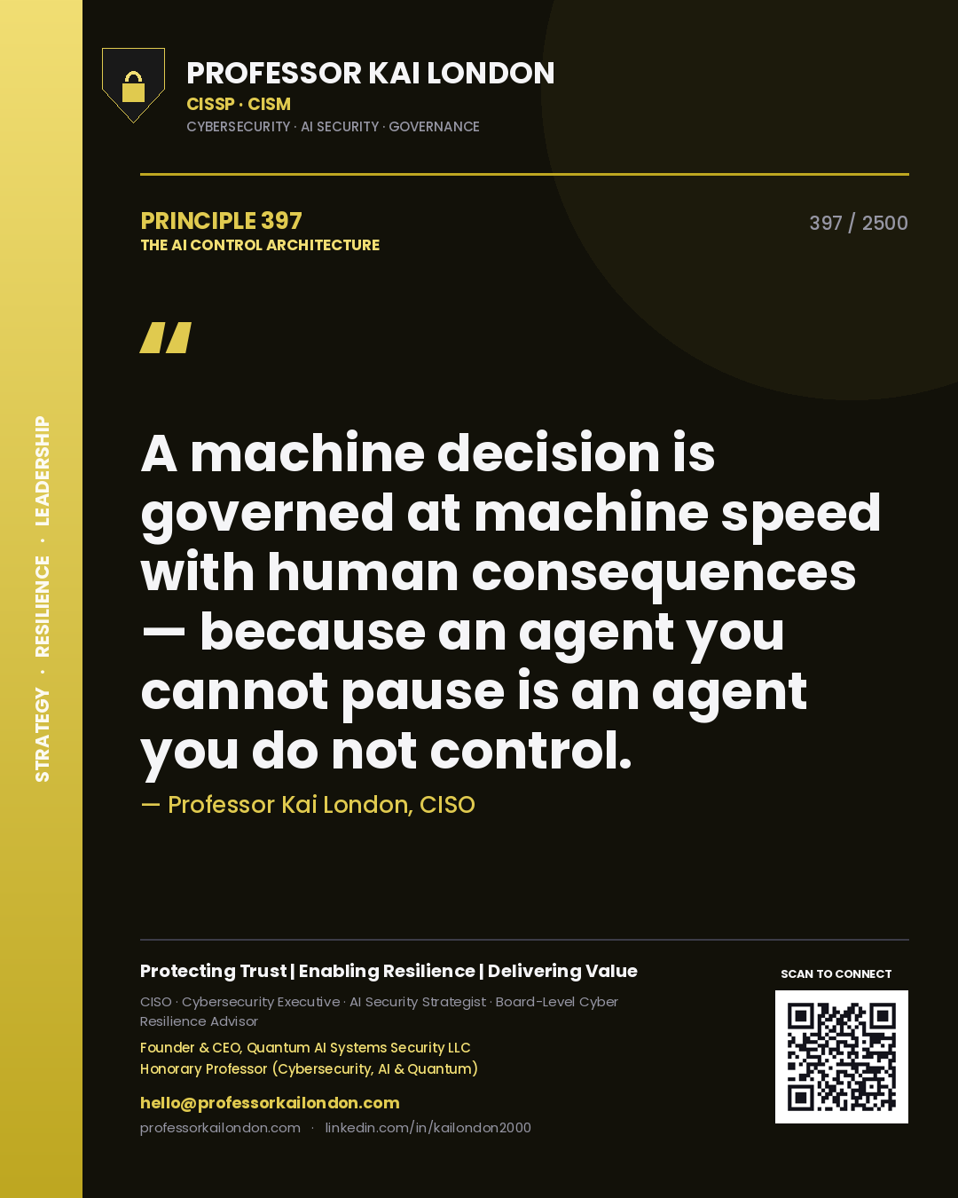 Quote card by Professor Kai London reading 'A machine decision is governed at machine speed with human consequences — because an agent you cannot pause is an agent you do not control.'. From the book The AI Control Architecture.