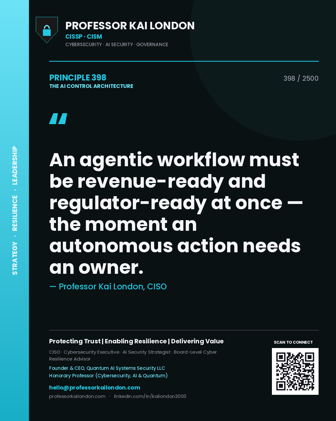 Quote card by Professor Kai London reading 'An agentic workflow must be revenue-ready and regulator-ready at once — the moment an autonomous action needs an owner.'. From the book The AI Control Architecture.