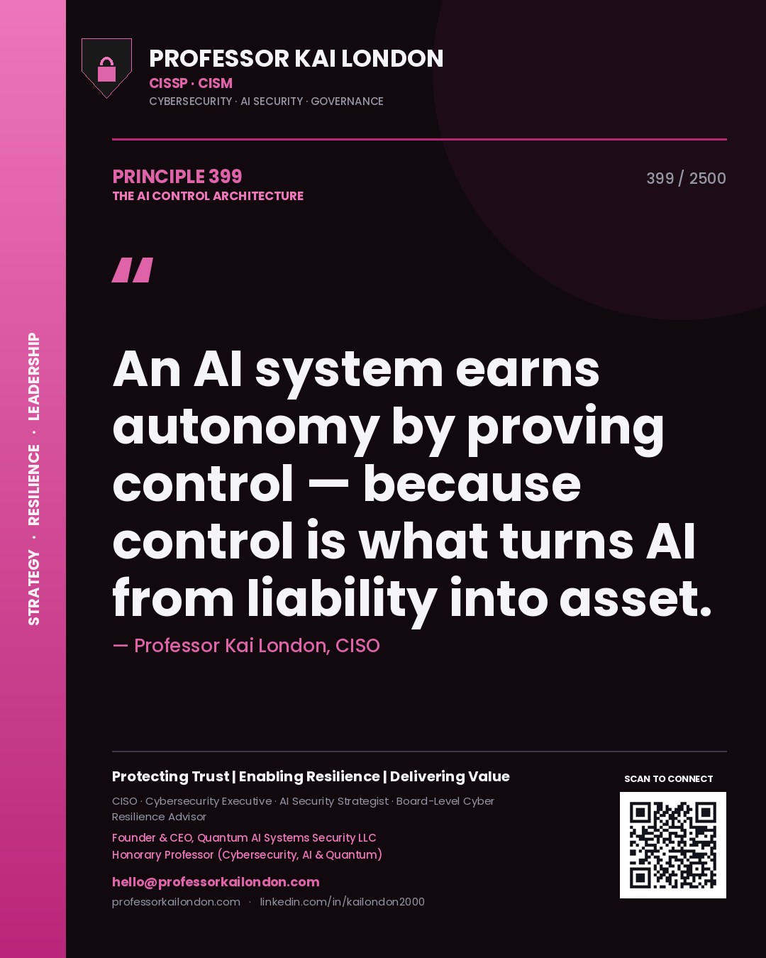 Professor Kai London principle 399: An AI system earns autonomy by proving control — because control is what turns AI from liability into asset.