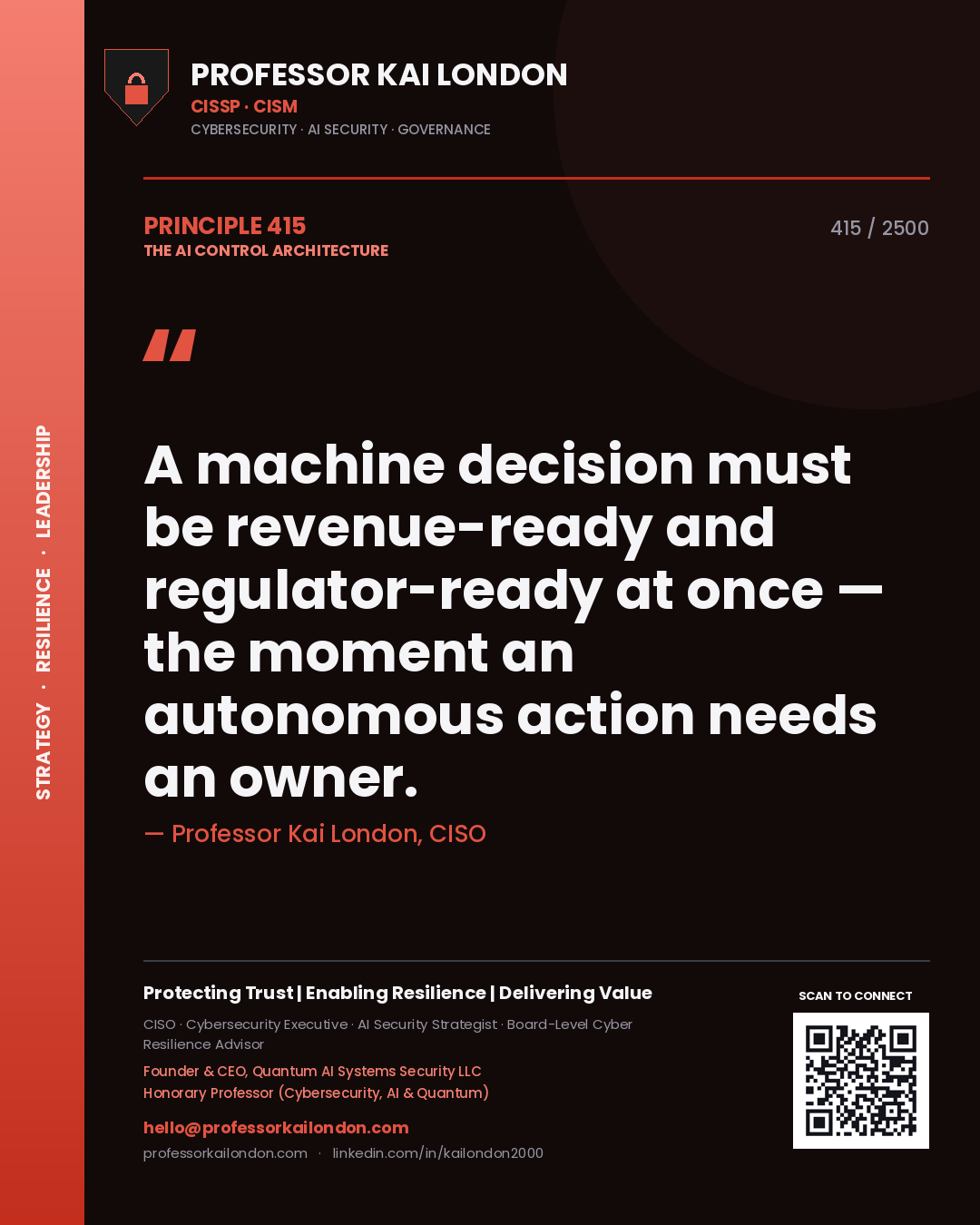 Quote card by Professor Kai London reading 'A machine decision must be revenue-ready and regulator-ready at once — the moment an autonomous action needs an owner.'. From the book The AI Control Architecture.