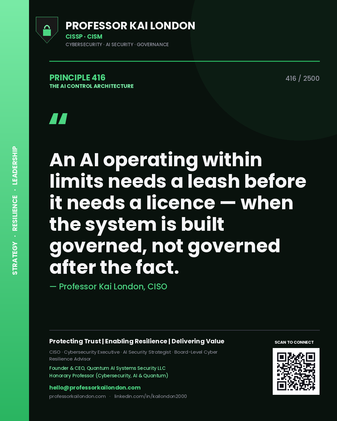 Quote card by Professor Kai London reading 'An AI operating within limits needs a leash before it needs a licence — when the system is built governed, not governed after the fact.'. From the book The AI Control Architecture.