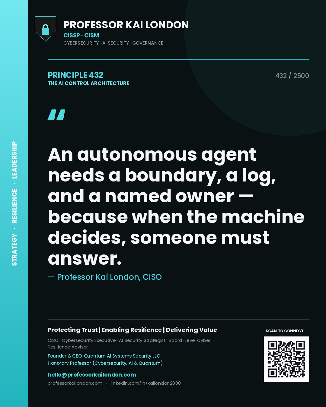 Quote card by Professor Kai London reading 'An autonomous agent needs a boundary, a log, and a named owner — because when the machine decides, someone must answer.'. From the book The AI Control Architecture.