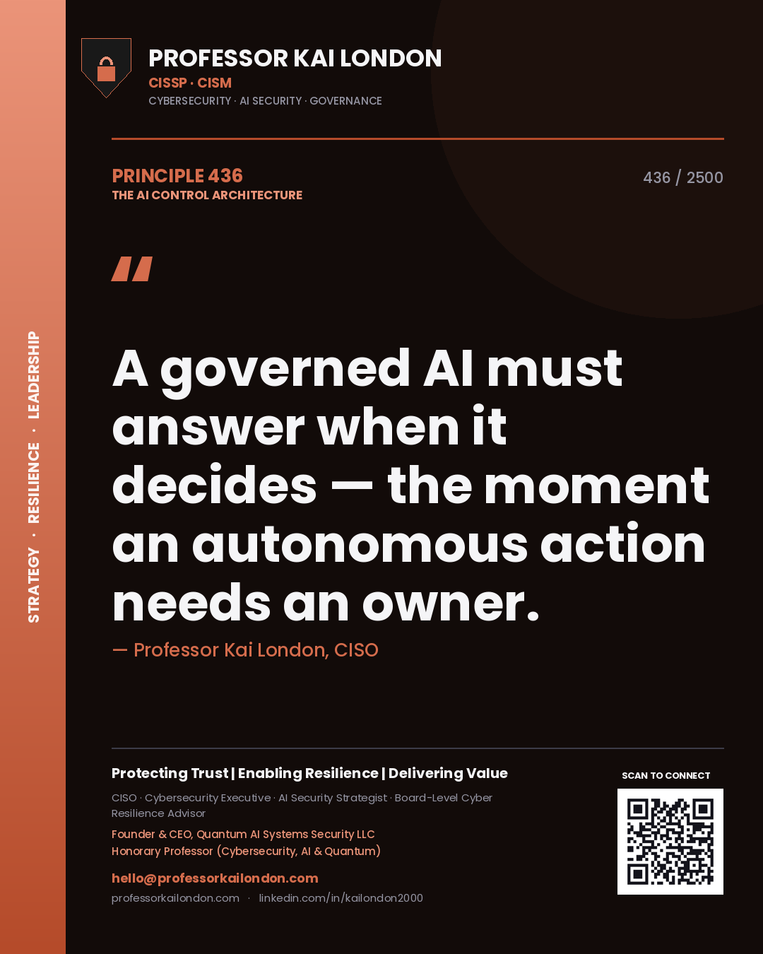 Quote card by Professor Kai London reading 'A governed AI must answer when it decides — the moment an autonomous action needs an owner.'. From the book The AI Control Architecture.