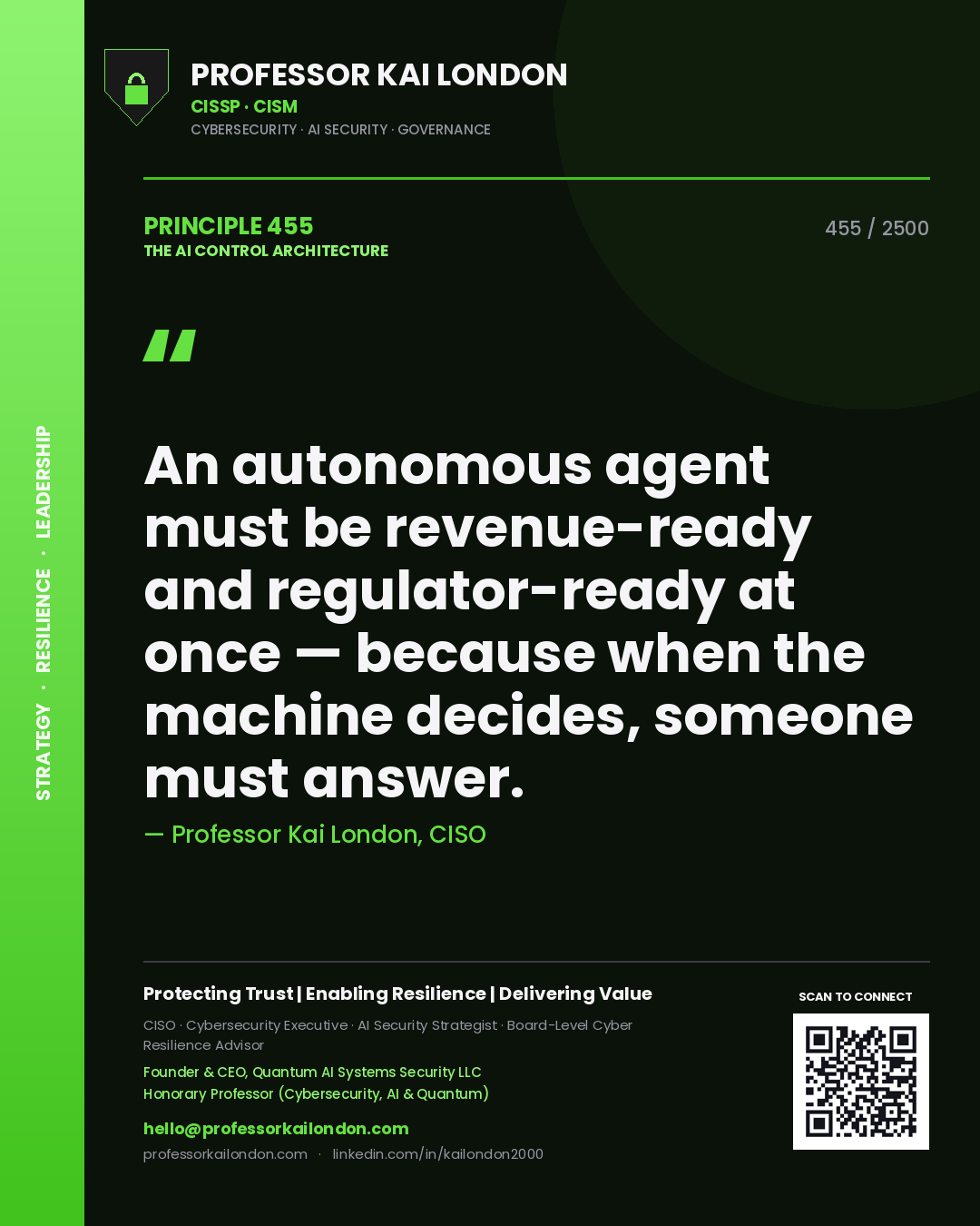 Quote card by Professor Kai London reading 'An autonomous agent must be revenue-ready and regulator-ready at once — because when the machine decides, someone must answer.'. From the book The AI Control Architecture.