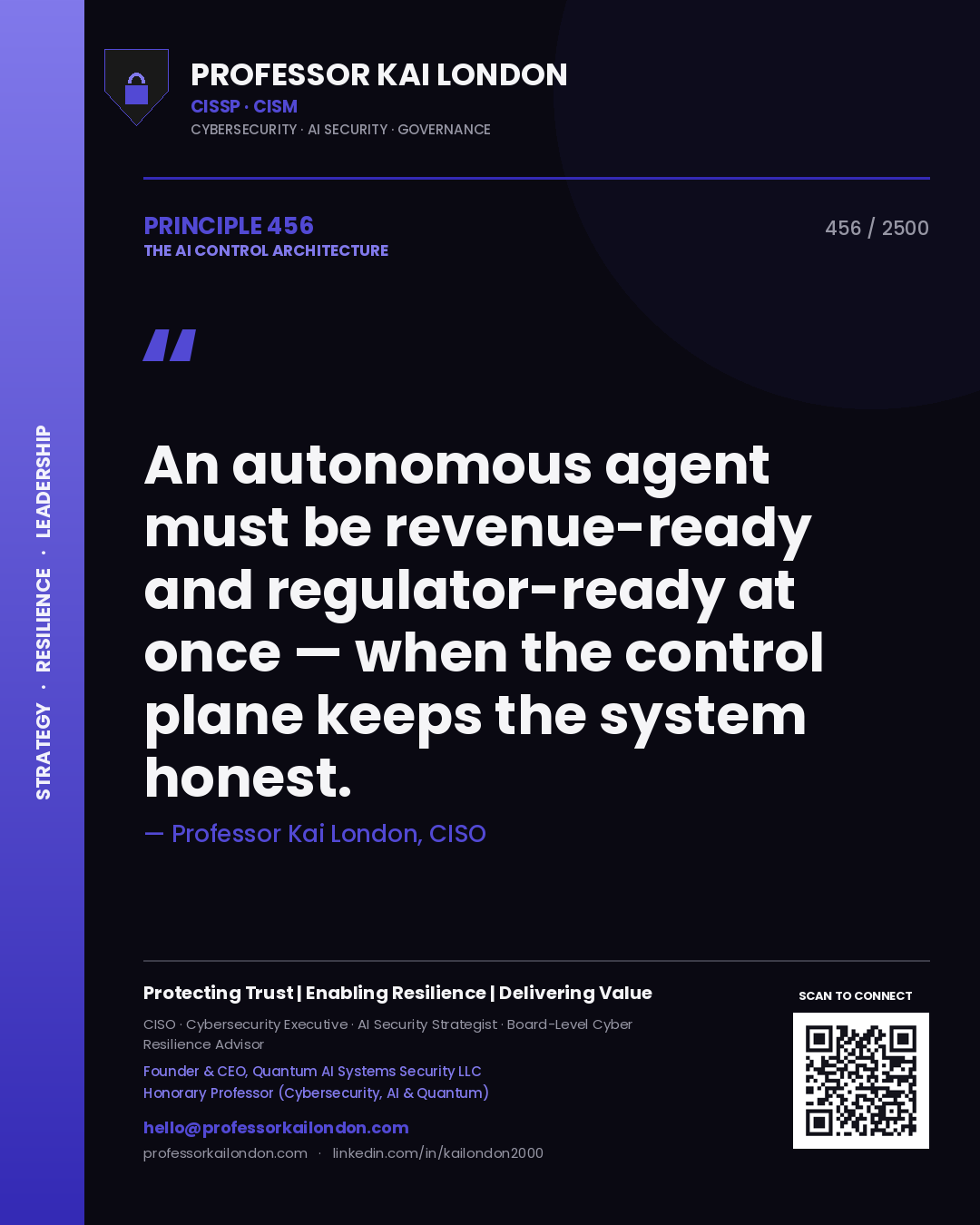 Quote card by Professor Kai London reading 'An autonomous agent must be revenue-ready and regulator-ready at once — when the control plane keeps the system honest.'. From the book The AI Control Architecture.