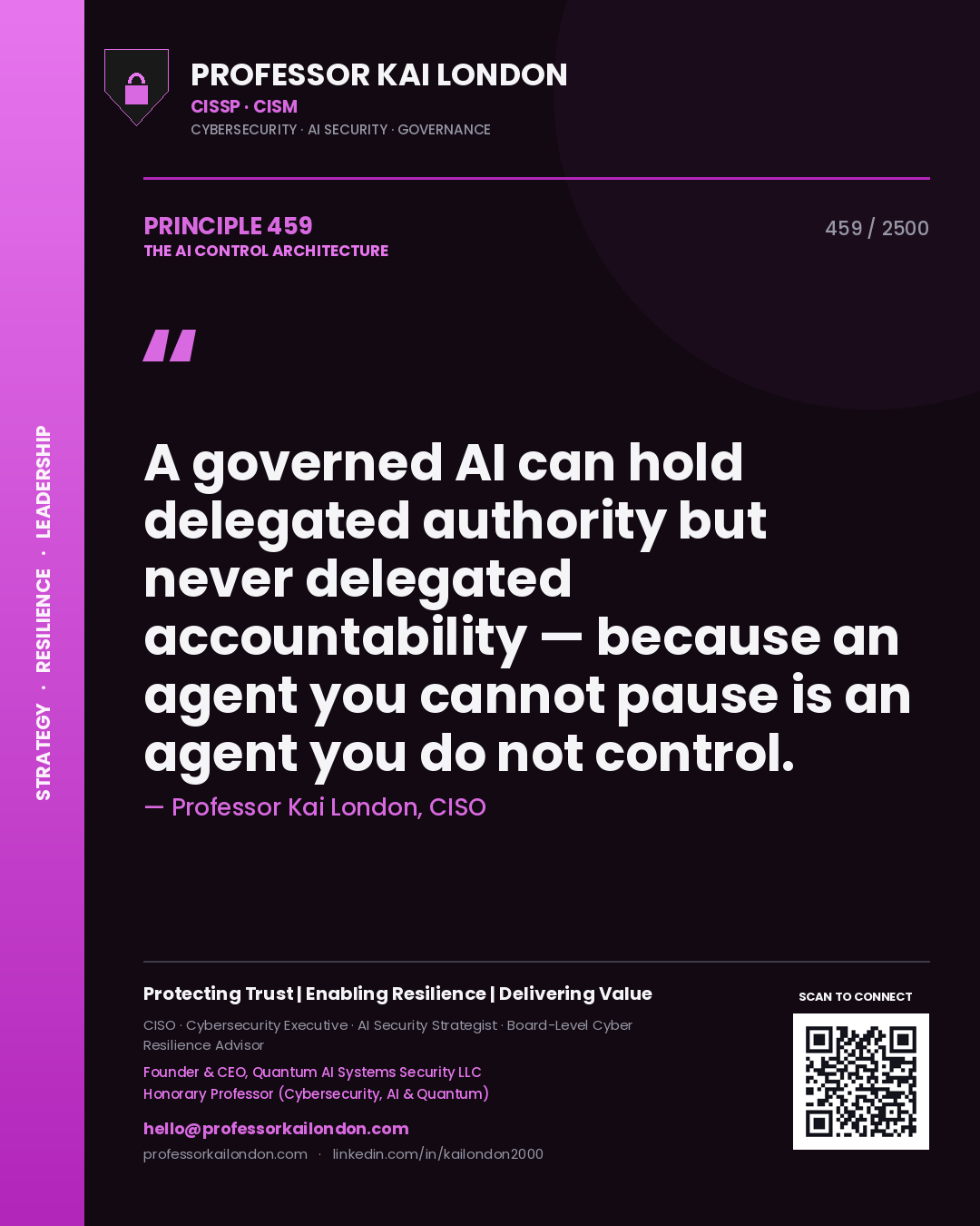 Quote card by Professor Kai London reading 'A governed AI can hold delegated authority but never delegated accountability — because an agent you cannot pause is an agent you do not control.'. From the book The AI Control Architecture.