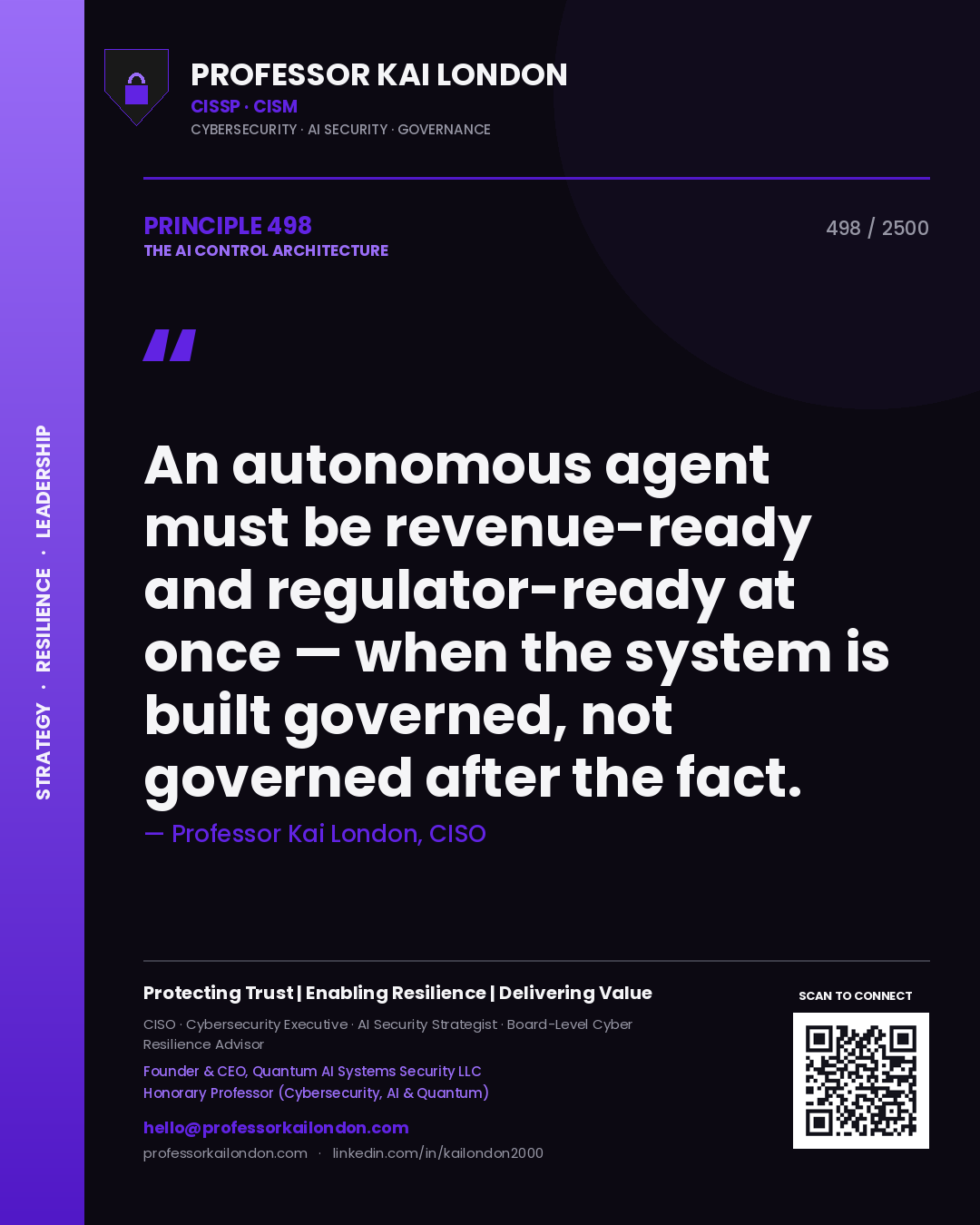 Quote card by Professor Kai London reading 'An autonomous agent must be revenue-ready and regulator-ready at once — when the system is built governed, not governed after the fact.'. From the book The AI Control Architecture.