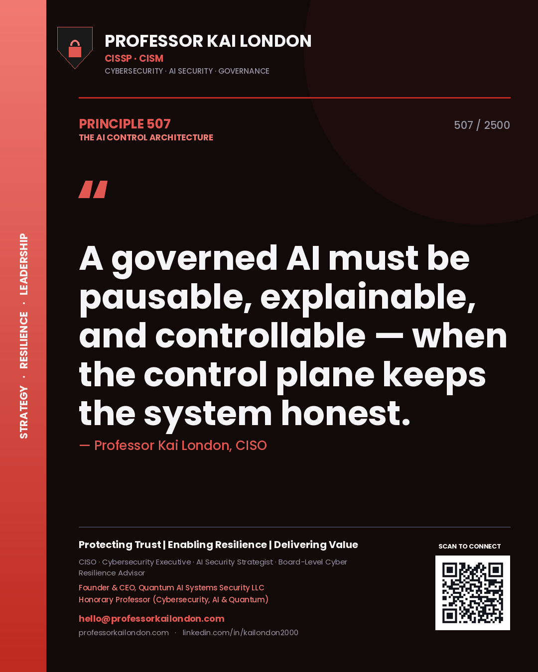 Quote card by Professor Kai London reading 'A governed AI must be pausable, explainable, and controllable — when the control plane keeps the system honest.'. From the book The AI Control Architecture.