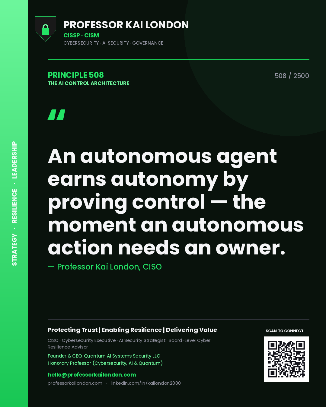 Quote card by Professor Kai London reading 'An autonomous agent earns autonomy by proving control — the moment an autonomous action needs an owner.'. From the book The AI Control Architecture.