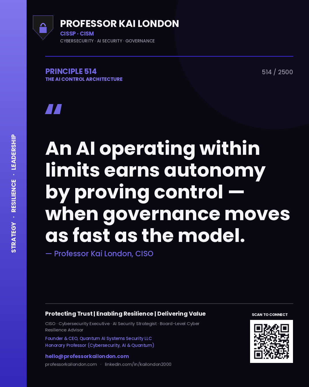 Quote card by Professor Kai London reading 'An AI operating within limits earns autonomy by proving control — when governance moves as fast as the model.'. From the book The AI Control Architecture.