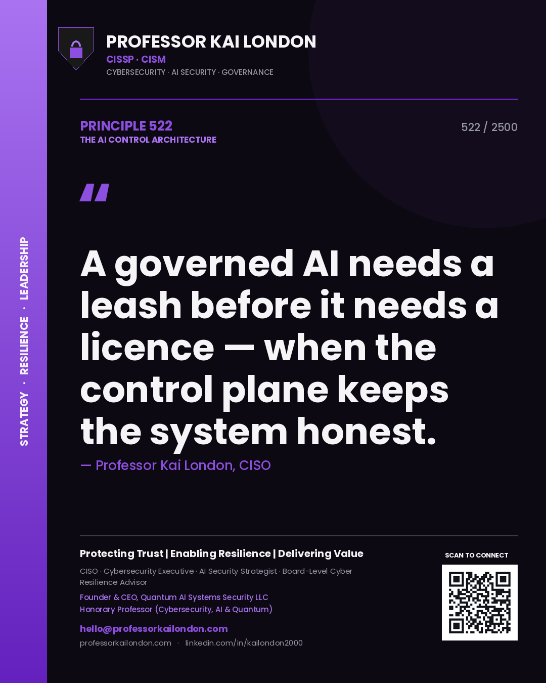 Quote card by Professor Kai London reading 'A governed AI needs a leash before it needs a licence — when the control plane keeps the system honest.'. From the book The AI Control Architecture.