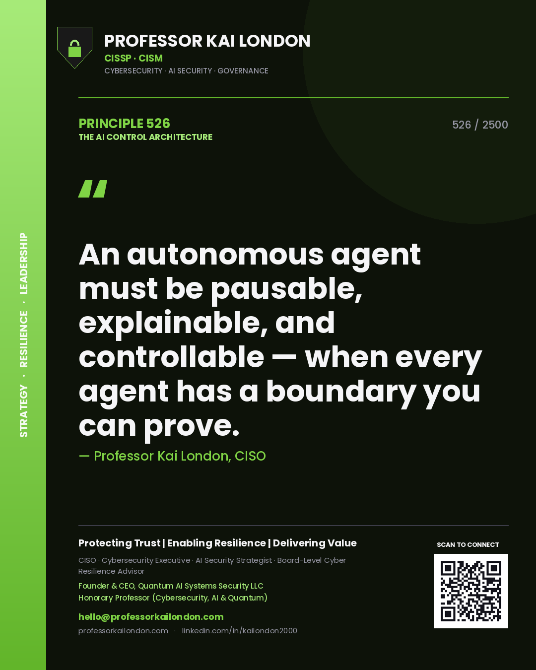 Quote card by Professor Kai London reading 'An autonomous agent must be pausable, explainable, and controllable — when every agent has a boundary you can prove.'. From the book The AI Control Architecture.