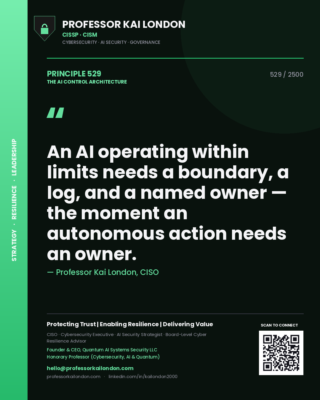 Quote card by Professor Kai London reading 'An AI operating within limits needs a boundary, a log, and a named owner — the moment an autonomous action needs an owner.'. From the book The AI Control Architecture.