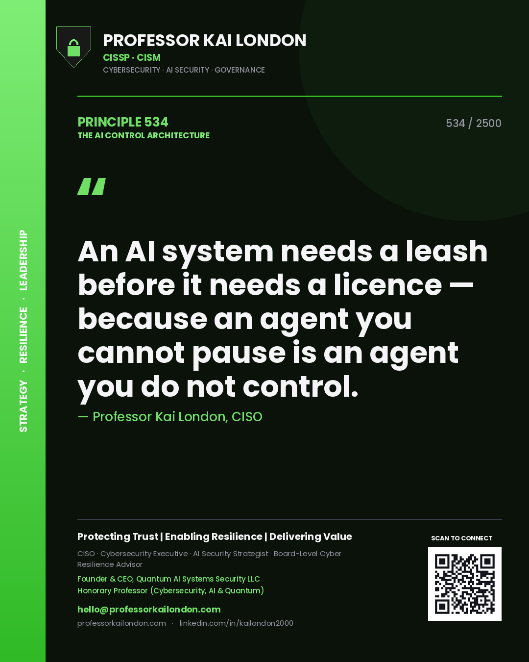 Quote card by Professor Kai London reading 'An AI system needs a leash before it needs a licence — because an agent you cannot pause is an agent you do not control.'. From the book The AI Control Architecture.