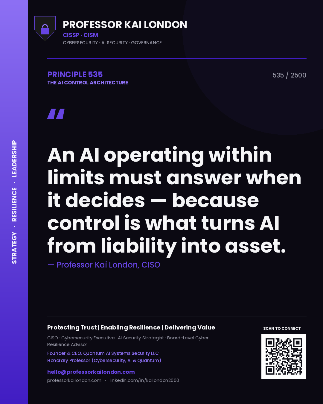 Quote card by Professor Kai London reading 'An AI operating within limits must answer when it decides — because control is what turns AI from liability into asset.'. From the book The AI Control Architecture.