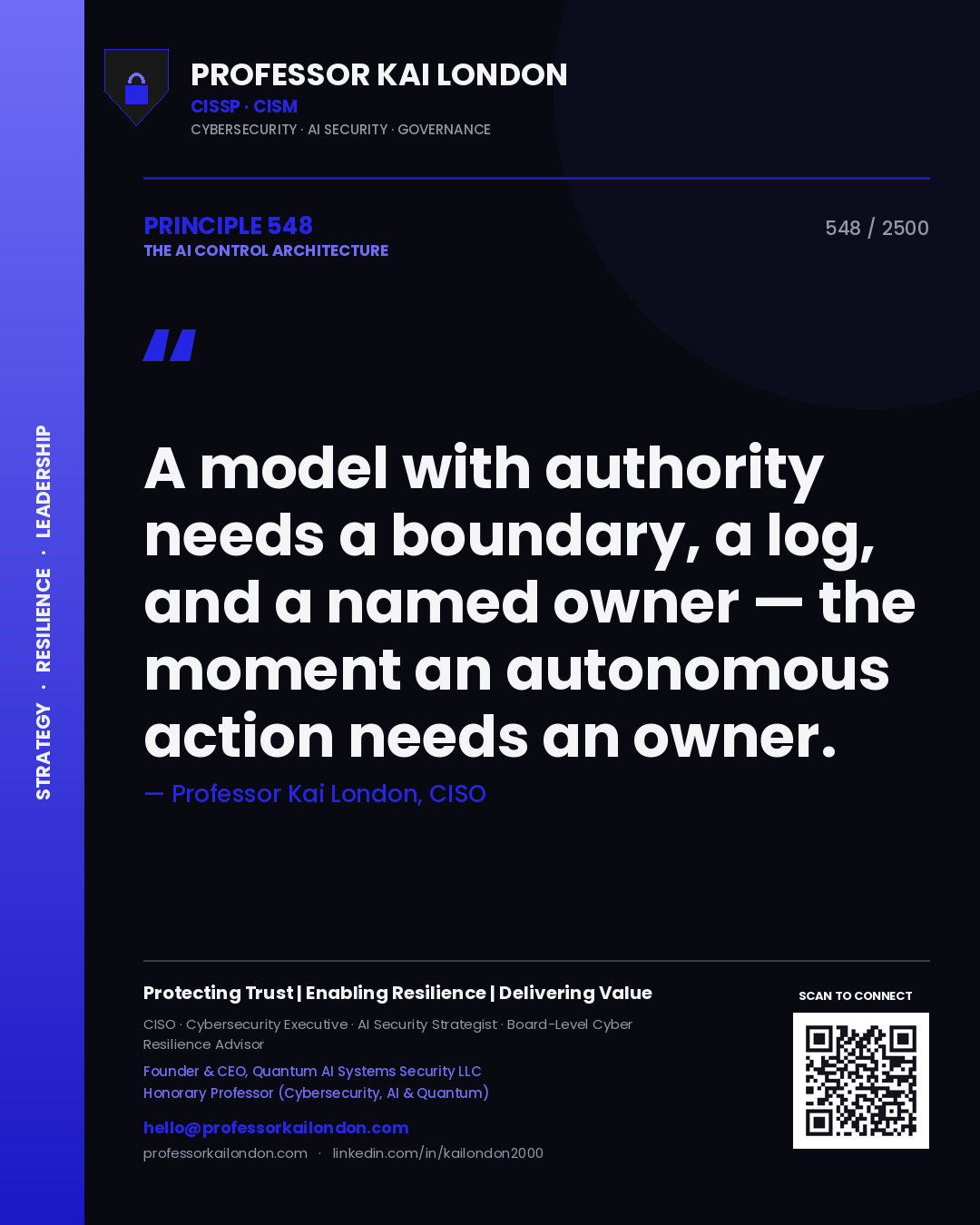 Quote card by Professor Kai London reading 'A model with authority needs a boundary, a log, and a named owner — the moment an autonomous action needs an owner.'. From the book The AI Control Architecture.