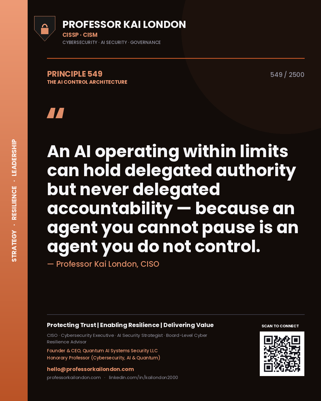 Professor Kai London principle 549: An AI operating within limits can hold delegated authority but never delegated accountability — because an agent you cannot pause is an agent you do not control.