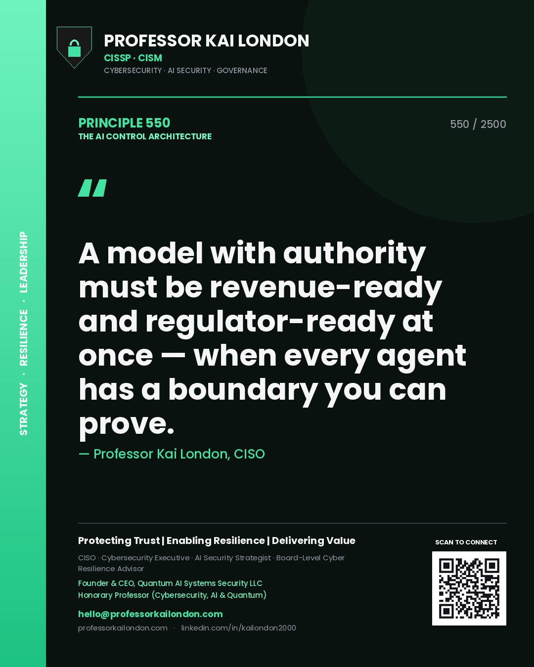Quote card by Professor Kai London reading 'A model with authority must be revenue-ready and regulator-ready at once — when every agent has a boundary you can prove.'. From the book The AI Control Architecture.