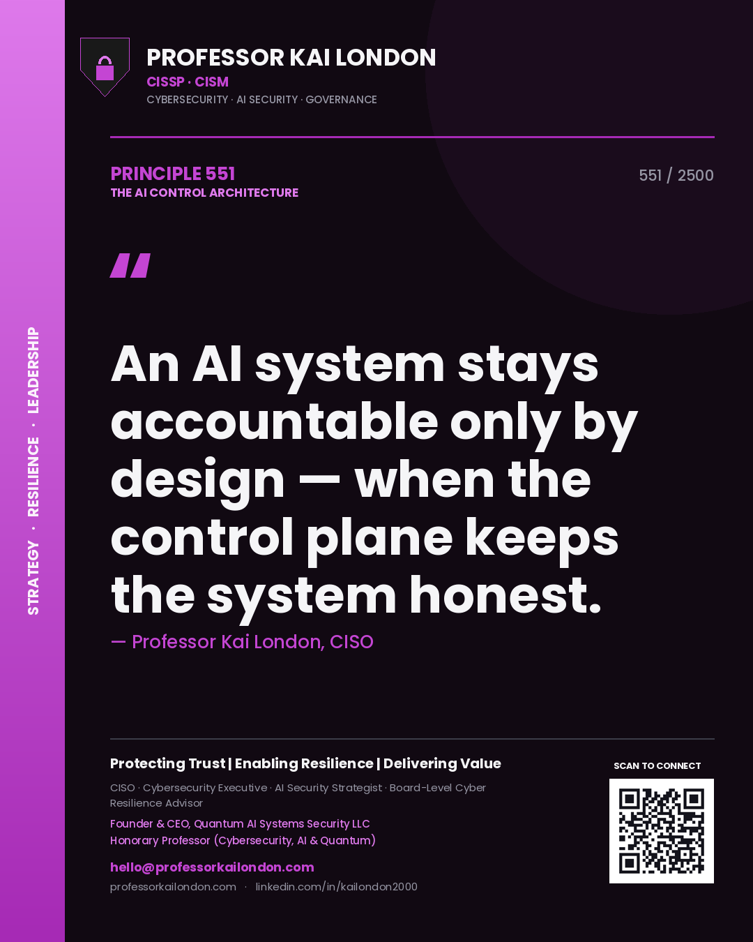 Quote card by Professor Kai London reading 'An AI system stays accountable only by design — when the control plane keeps the system honest.'. From the book The AI Control Architecture.