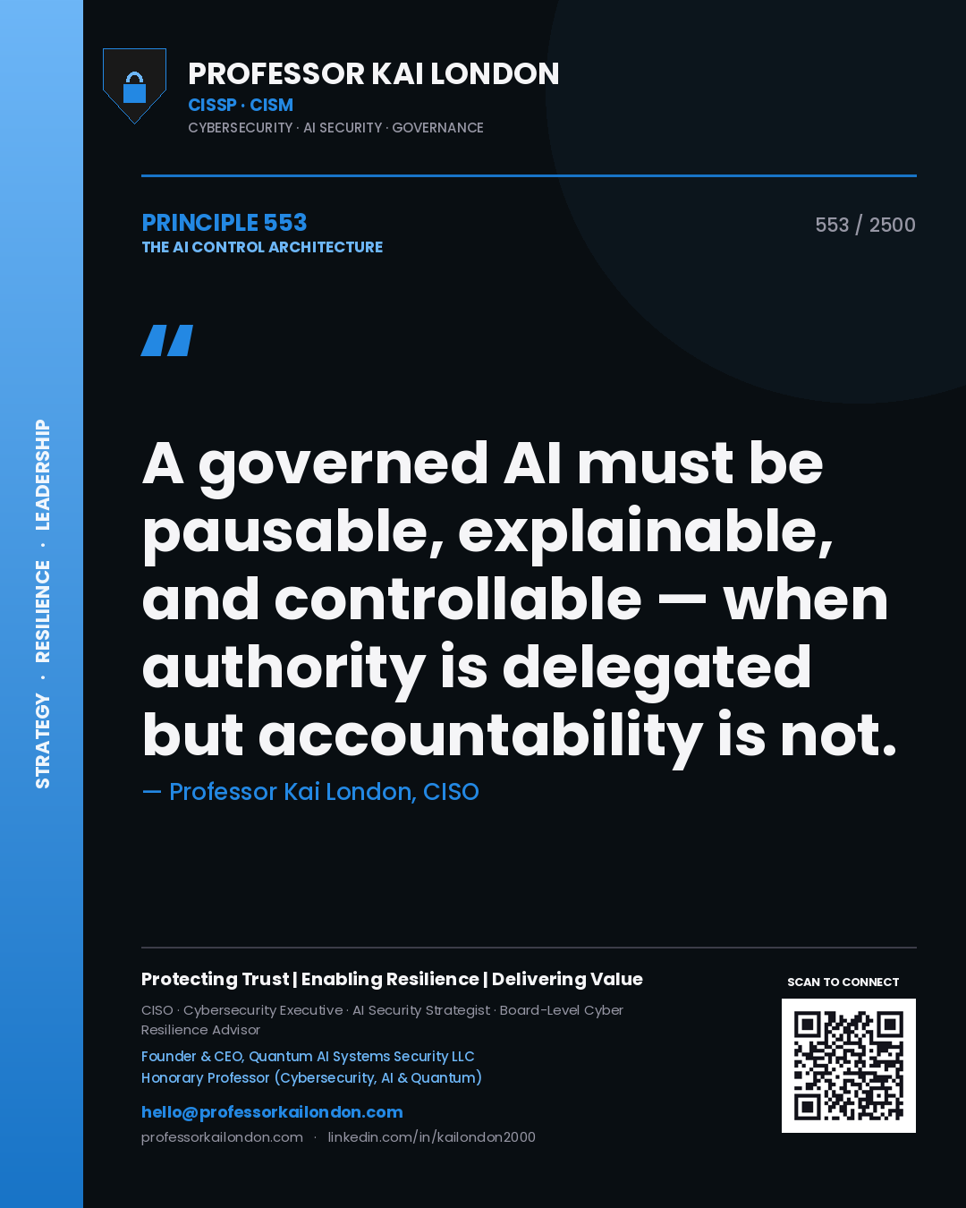 Quote card by Professor Kai London reading 'A governed AI must be pausable, explainable, and controllable — when authority is delegated but accountability is not.'. From the book The AI Control Architecture.