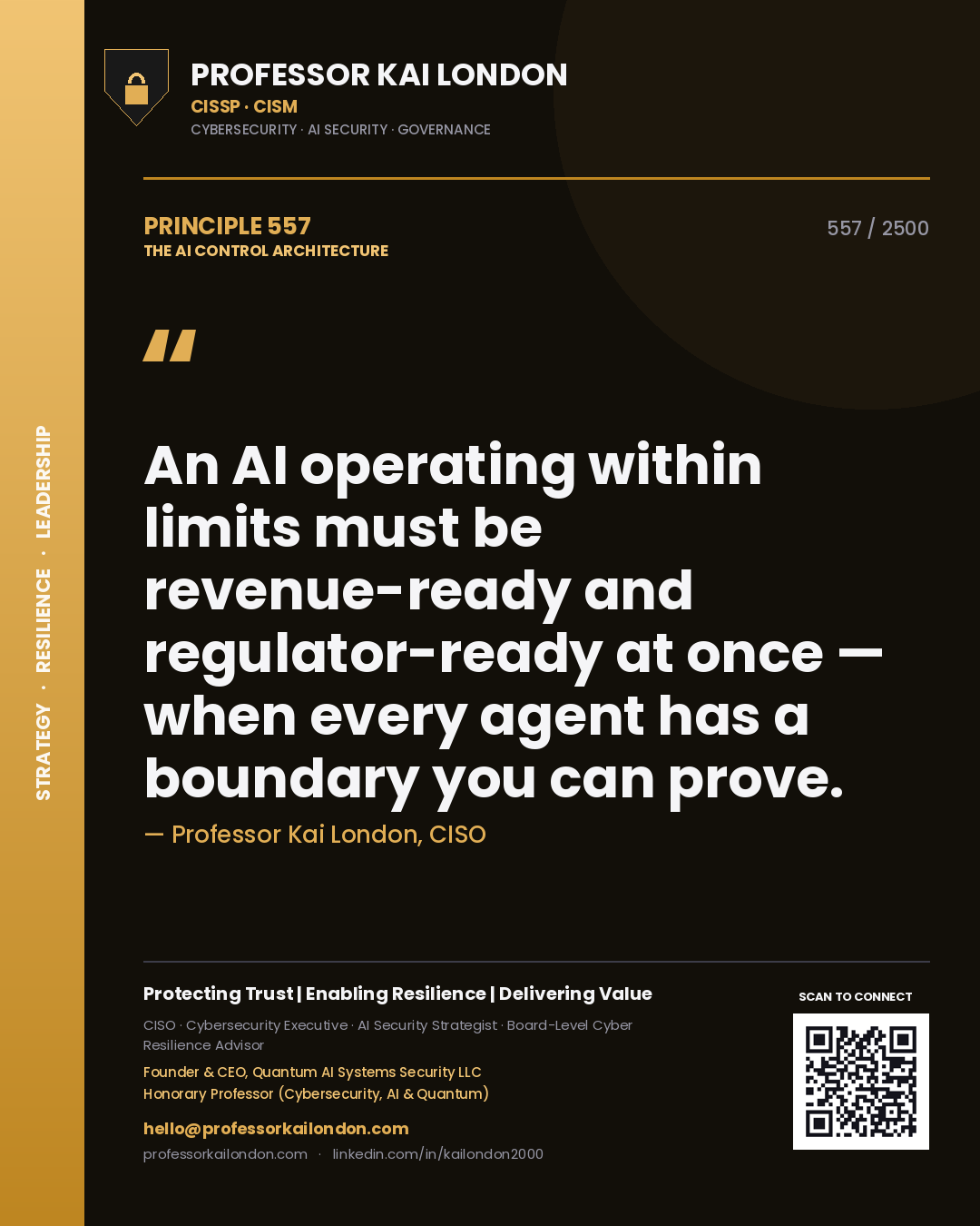 Quote card by Professor Kai London reading 'An AI operating within limits must be revenue-ready and regulator-ready at once — when every agent has a boundary you can prove.'. From the book The AI Control Architecture.