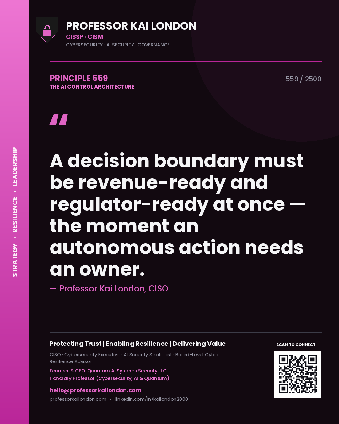 Quote card by Professor Kai London reading 'A decision boundary must be revenue-ready and regulator-ready at once — the moment an autonomous action needs an owner.'. From the book The AI Control Architecture.