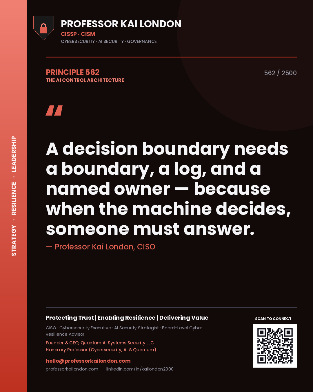 Quote card by Professor Kai London reading 'A decision boundary needs a boundary, a log, and a named owner — because when the machine decides, someone must answer.'. From the book The AI Control Architecture.