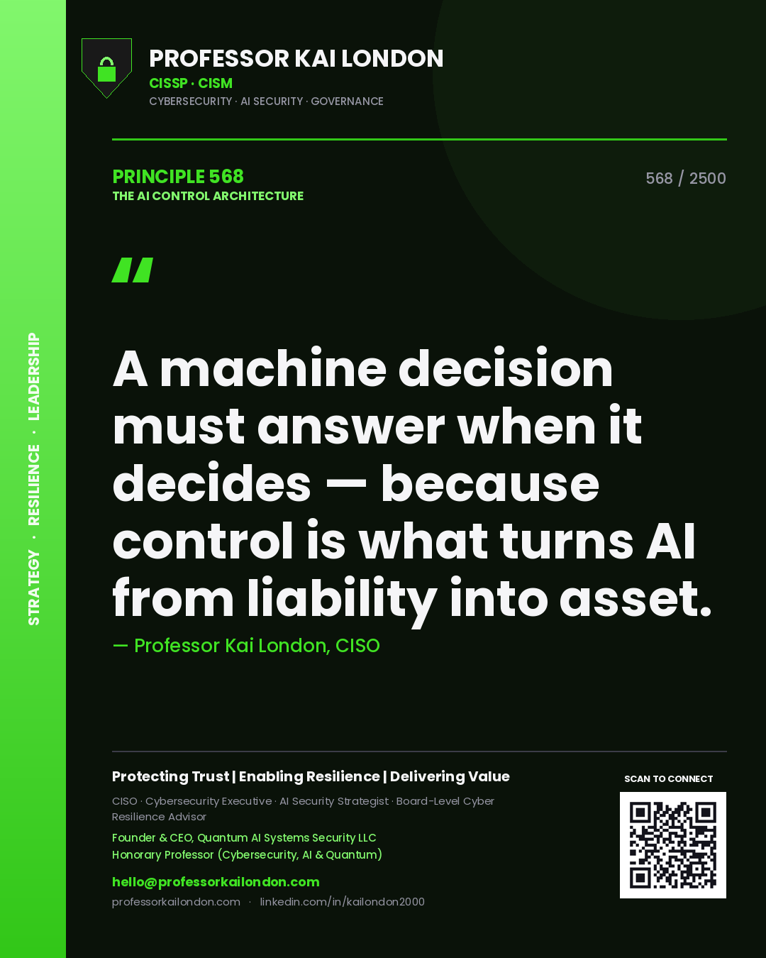 Professor Kai London principle 568: A machine decision must answer when it decides — because control is what turns AI from liability into asset.